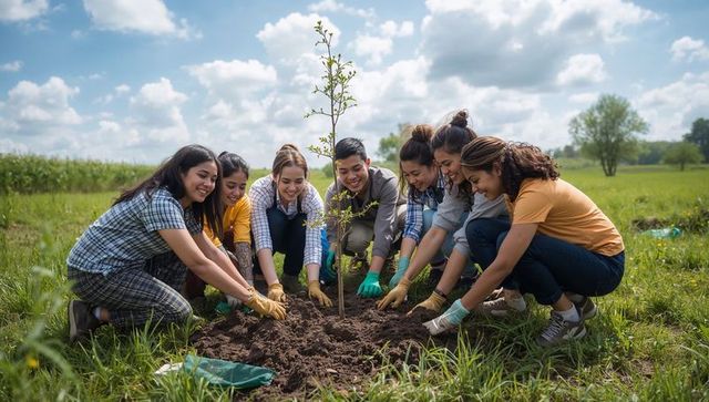 Volunteers planting young tree together in green meadow for community reforestation