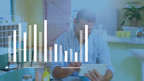 Businessman Analyzing Data on Tablet with Infographic Overlay