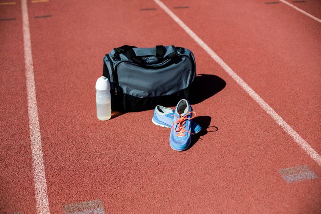 Sports bag, blue running shoes, and water bottle placed on a running track in a stadium. Ideal for use in fitness, athletics, and outdoor training contexts. Perfect for promoting sports gear, fitness routines, and healthy lifestyle choices.