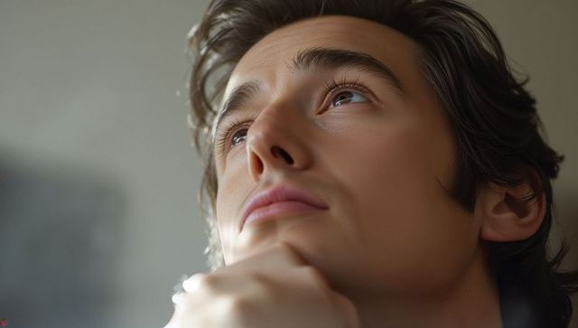 Gazing man tilting face upward touching chin in soft light, contemplative modern portrait