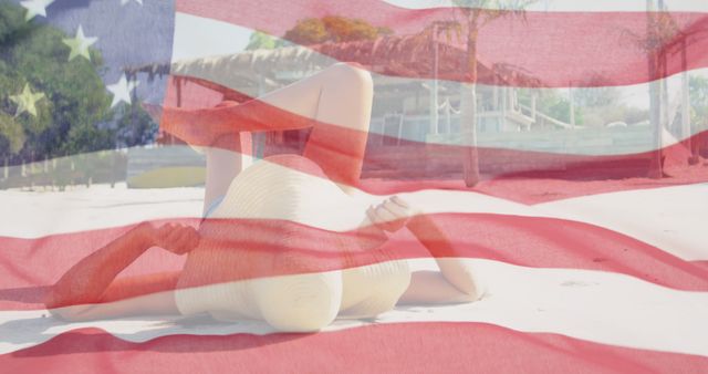 Person lying on a tropical beach with an American flag overlay creating a mixed image theme of vacation and patriotism. Conceptual illustration for travel agencies targeting American tourists, patriotic events, summer holiday promotions, and advertisements promoting leisure activities.