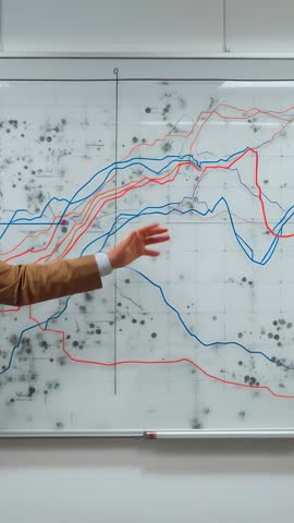 Vertical business presentation showing hand tracing market trend lines on whiteboard
