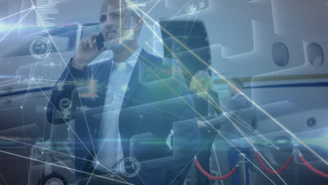 Businessman in Digital Network Dynamics Near Private Jet
