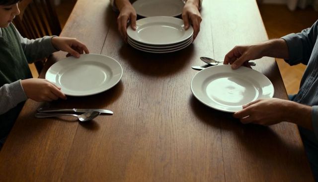 Family placing white plates on wooden table for cozy dinner prep and shared mealtime moment