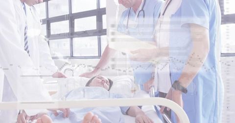 Medical team performing bedside assessment and monitoring of woman on hospital bed