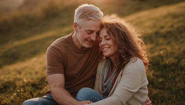 Golden-hour mature couple embracing on grassy hillside, backlit intimate romance and warmth