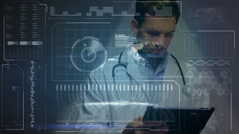 Doctor Interacting with Futuristic Digital Healthcare Interface