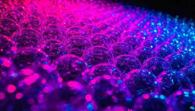 Neon magenta and cyan reflective glass spheres creating abstract bokeh gradient texture