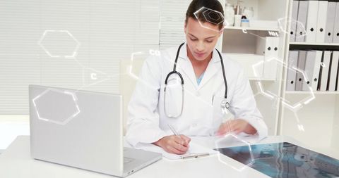 Doctor analyzing x-ray with chemical structures overlay