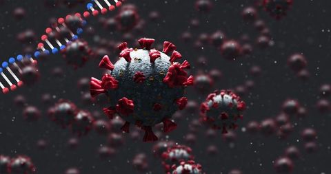 Dna strand and covid-19 cells floating on dark background