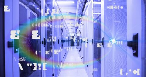 Server Room with Digital Overlay and Rainbow Lens Flare - Download Free Stock Images Pikwizard.com