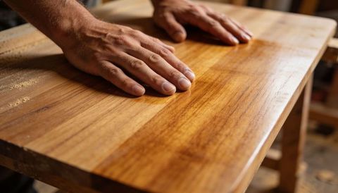 Craftsman Smoothing Polished Wood Plank with Bare Hands Showing Grain Texture