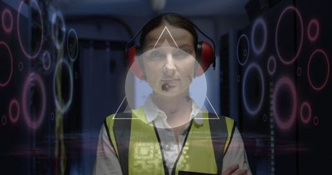 Caucasian Female Technician in Server Room with Digital Overlay