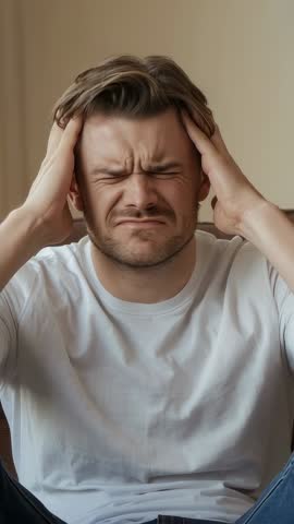 Young man experiencing intense headache, pressing temples while sitting on sofa — vertical mobile vi