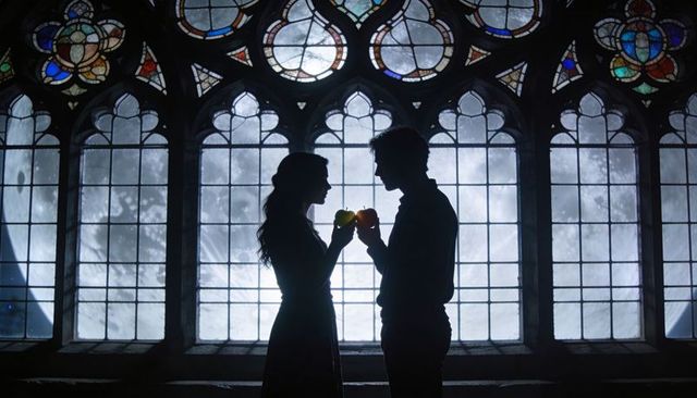 Silhouetted couple holding apples against moonlit gothic stained-glass window and arches