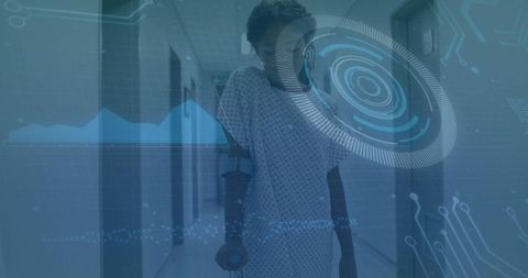 Innovative healthcare: girl on crutches with technology interface overlay