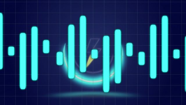 This image features an abstract audio waveform displayed with vibrant emerald colors, set over a background featuring a lightning bolt icon within a circle and a grid pattern. Ideal for use in digital marketing, presentations, business reports, or technology-themed projects to illustrate concepts of data visualization, analyzing audio patterns, or bringing dynamic energy to educational materials.