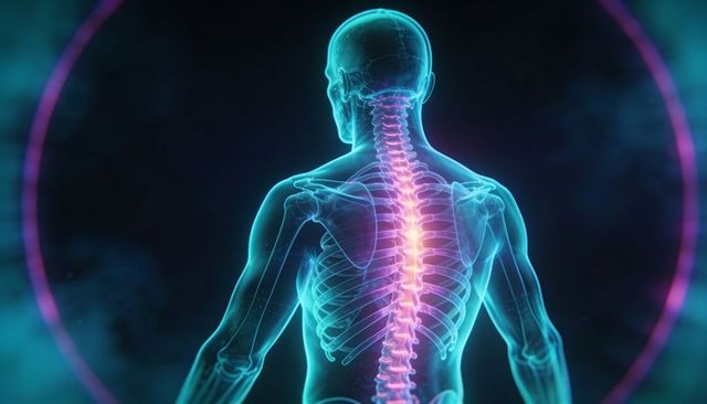 Neon 3d anatomy back view highlighting spinal column and ribcage for medical visualization