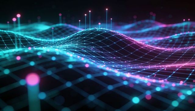 Flowing neon wireframe waves with glowing nodes vertical data pins futuristic network