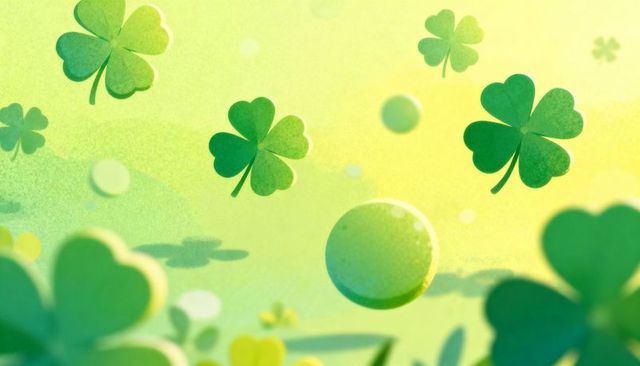 Floating four-leaf clovers and glowing green orbs creating dreamy st patrick's design