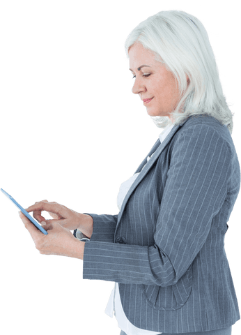 Confident senior businesswoman using tablet wirelessly on transparent background