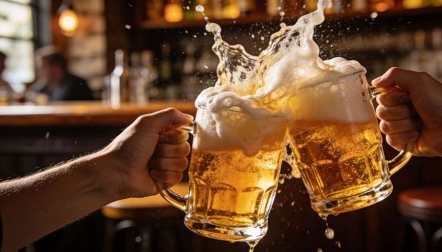 Clinking beer mugs with foam splashing in warm wooden pub, cheers and camaraderie