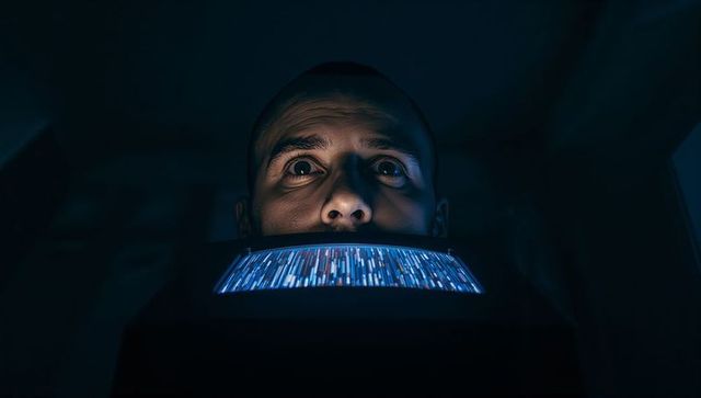 Man Staring Down into Futuristic Blue LED Display, Cinematic Low-Key Sci-Fi Moody Portrait