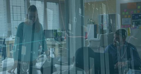 Financial data overlay on team planning in modern office