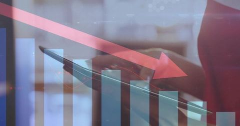 Businesswoman analyzing financial data on tablet with downward trend chart