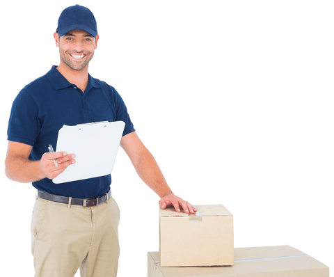 Transparent delivery man with cardboard boxes and clipboard smiling