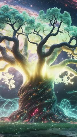 Vertical Fantasy Video Luminescent Cosmic Tree Emitting Spiraling Energy Beacon