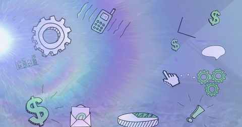 Digital Icons Floating on Abstract Background Symbolizing Technology