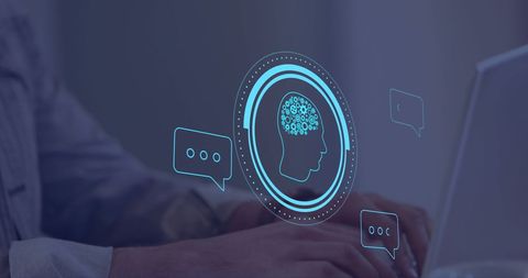 Digital Brain AI Interface Over Man Typing on Laptop