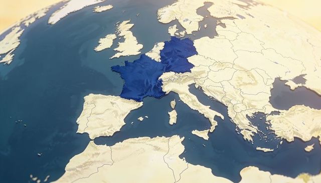 France and germany highlighted on 3d globe with raised-relief topography and coastline