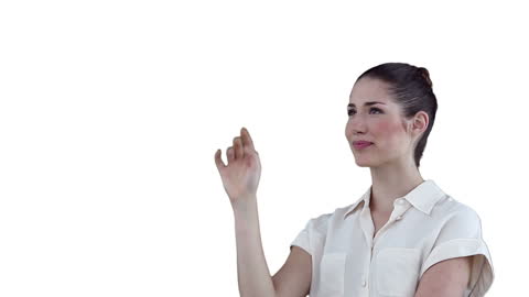 Woman Interacting with a Virtual Interface on White Background