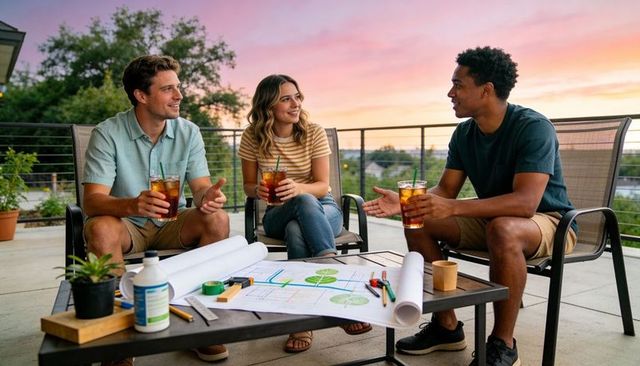 Friends sipping iced tea discussing rooftop garden plans at sunset
