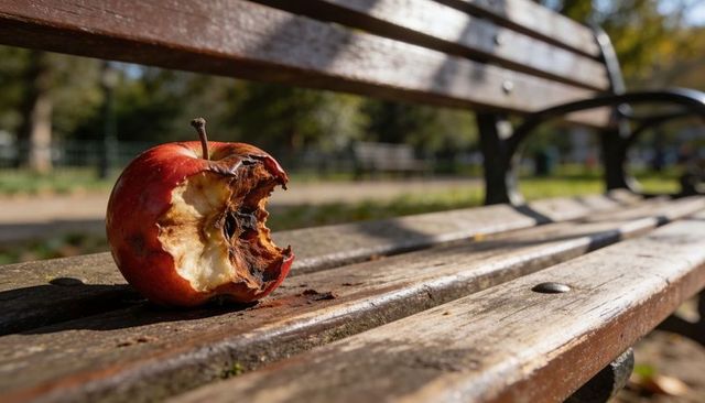 Decaying bitten red apple resting on sunlit wooden park bench with textured slats