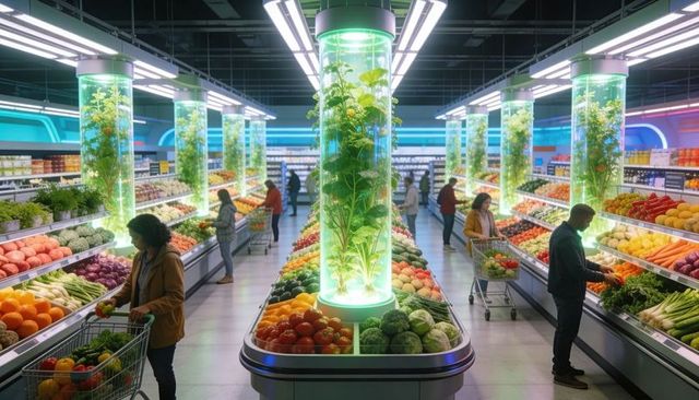 Shoppers picking fresh produce in futuristic supermarket with glowing hydroponic urban towers