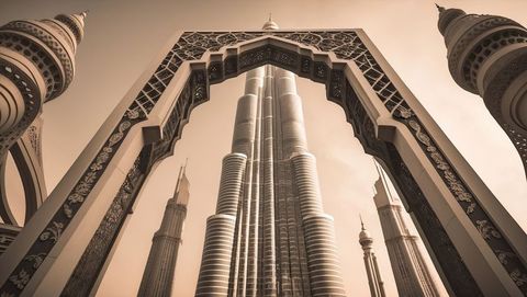 Majestic View Through Ornate Archway Framing Iconic Burj Khalifa