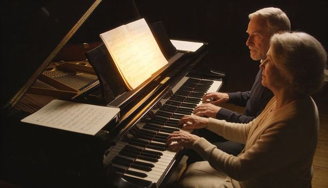 Senior couple playing grand piano together in intimate warm-lit music moment
