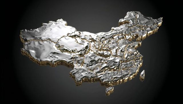 Floating 3d metallic china map with gold borders