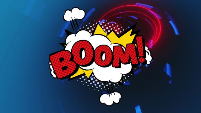 Graphic depicting a bold 'Boom!' text within a retro speech bubble, characteristic of comic book style. The background features neon shapes floating against a blue backdrop, adding to the visual excitement. Ideal for use in pop art displays, graphic design, social media posts, marketing campaigns, playful or energetic presentations, and more.