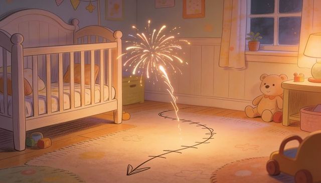 Handheld sparkler trail lighting cozy pastel nursery at night with crib, teddy and lamp