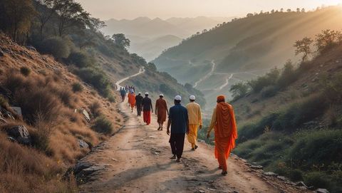 Pilgrims journey on scenic hillside path during sunrise