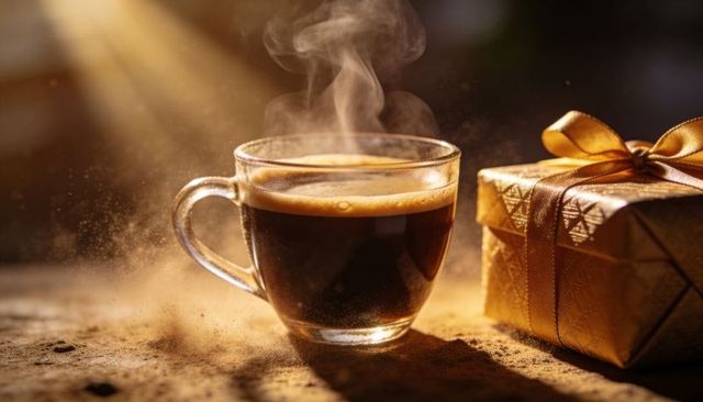 Steaming glass cup espresso with crema and gold gift box in warm sunlight glow