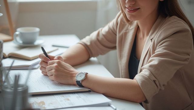Focused Professional Woman Writing at Desk With Coffee
