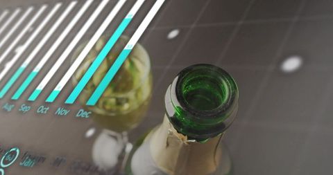 Green bottle neck showing torn foil and augmented reality bar chart overlay on gray tile