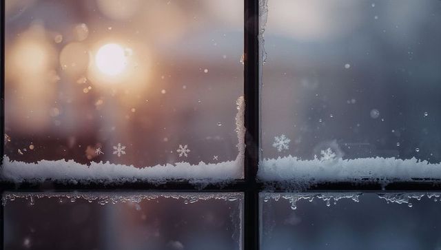 Frosted window panes capturing serene winter's glow