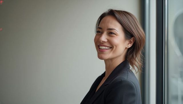 Confident Professional Woman Smiling in Office Window Light