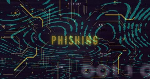 Detecting phishing threats: teal fingerprint and glowing phishing text over gold circuits